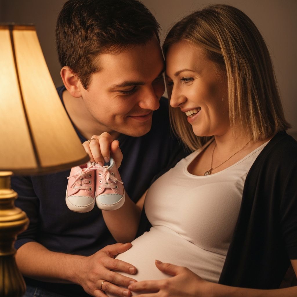 Happy expecting parents holding baby shoes for gender reveal blood test at Lambert Medical Practice